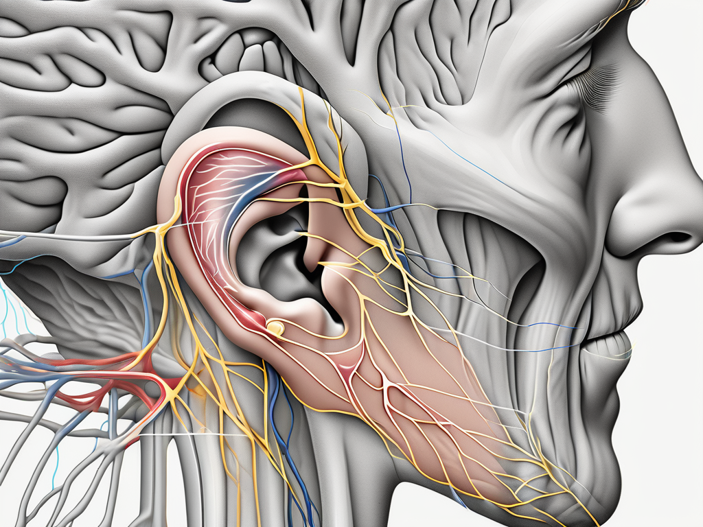 The human ear with a detailed depiction of the posterior auricular nerve branching out from the facial nerve