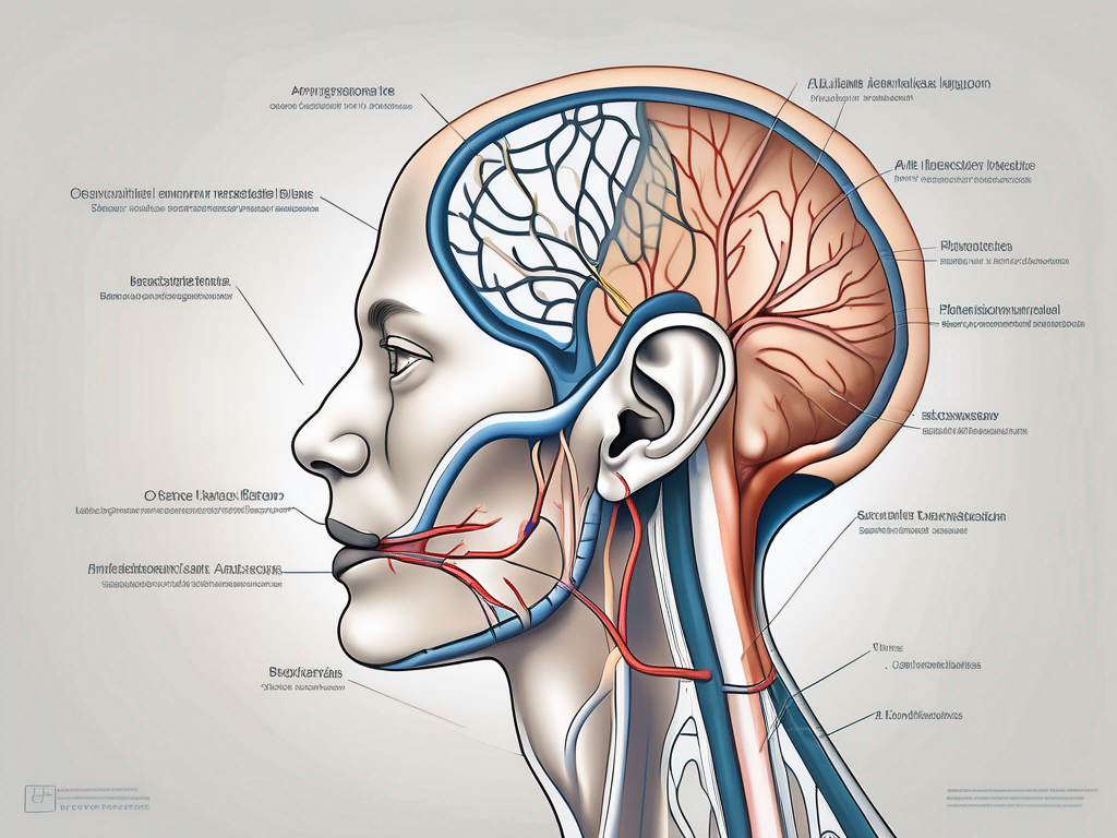 An ear with a detailed view of the auricular nerve and its connection to the different parts of the ear