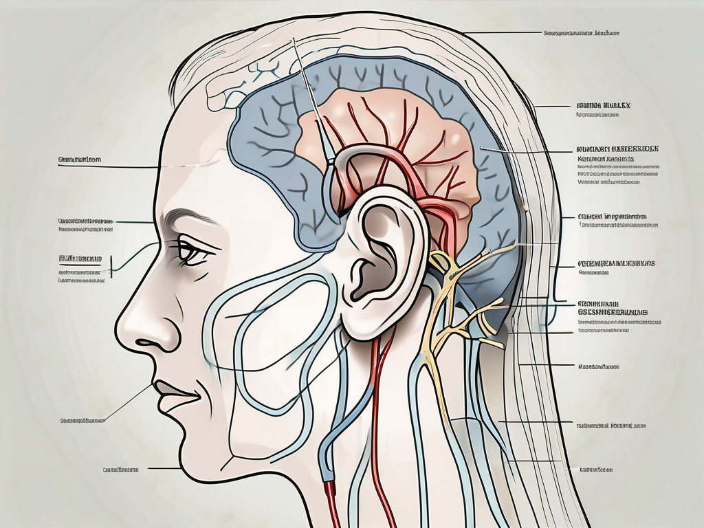 An ear highlighting the auricular nerve path with symbolic representations of pain relief and medical tools used for the nerve block procedure