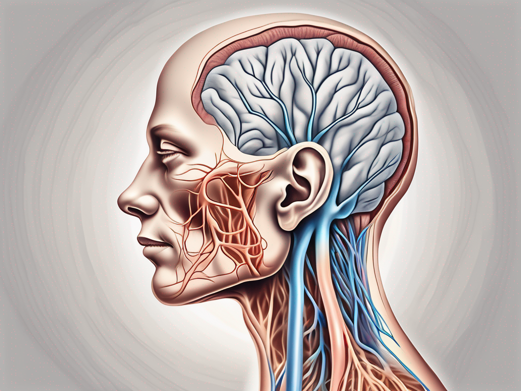 The human ear with a detailed depiction of the posterior auricular nerve branch and its connection to the facial nerve
