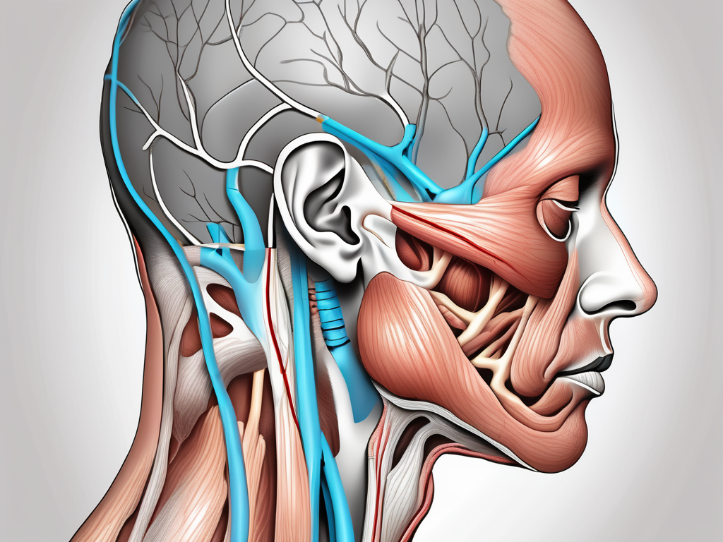 The human head and neck anatomy highlighting the great auricular nerve and lesser occipital nerve