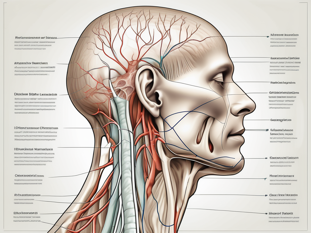 A detailed anatomical diagram showcasing the location and pathway of the great auricular nerve in relation to other structures in the neck and head area