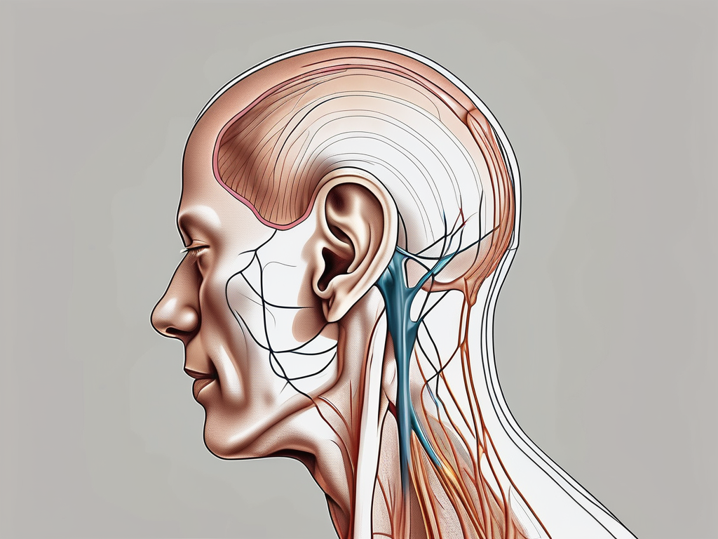 The human ear showing the posterior auricular nerve and its connection to the muscles and skin around the ear