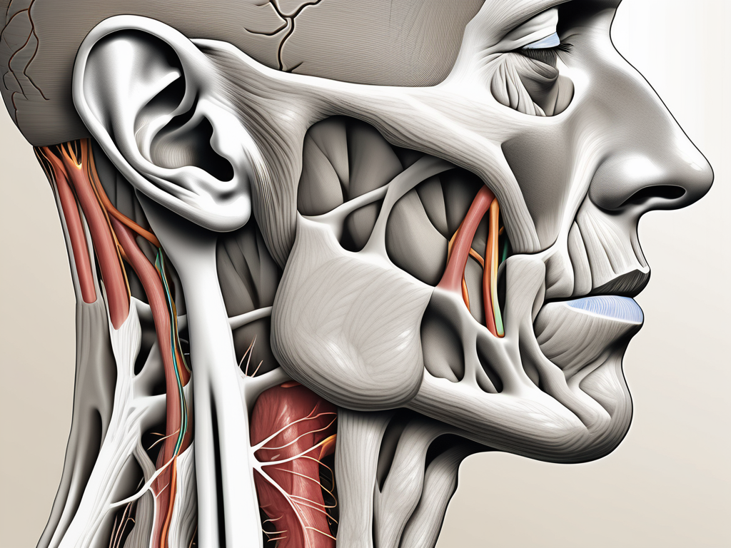 The greater auricular nerve in close proximity to the external jugular vein within an anatomically accurate depiction of the neck and head region