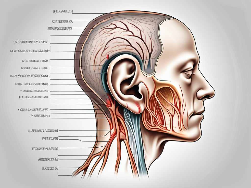 The human ear anatomy highlighting the greater auricular nerve with a symbolic representation of tinnitus