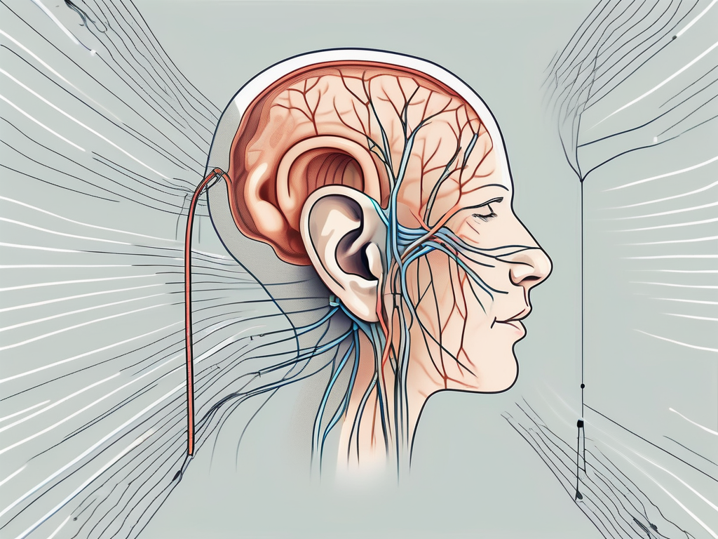 The human ear with the auricular nerve highlighted and connected to the brain